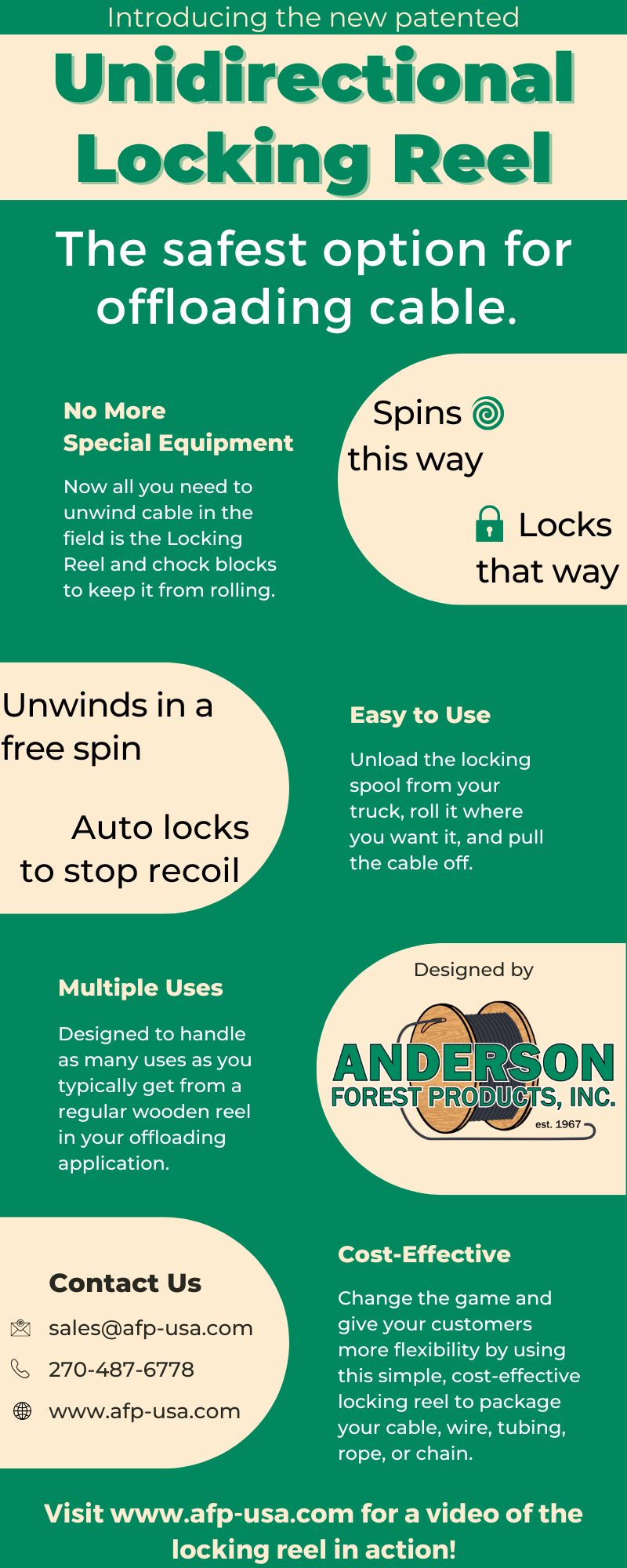Unidirectional Locking Reel. Unwinds in a free spin. Auto locks to stop recoil.