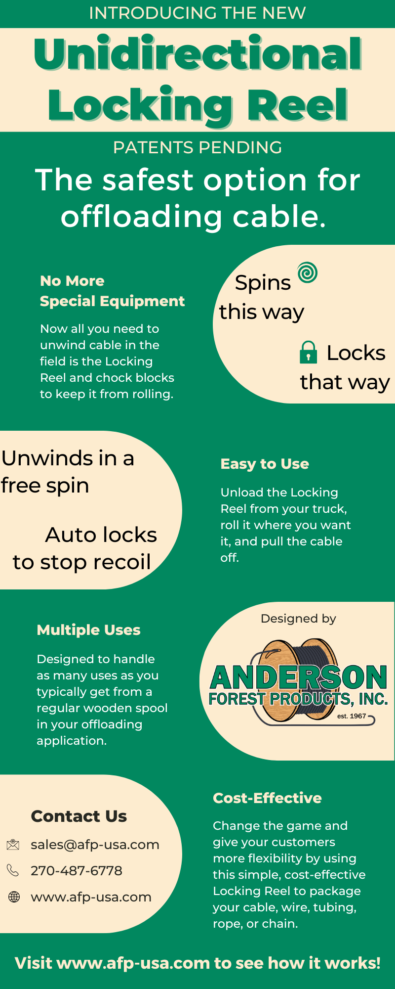 Unidirectional Locking Reel. Unwinds in a free spin. Auto locks to stop recoil.